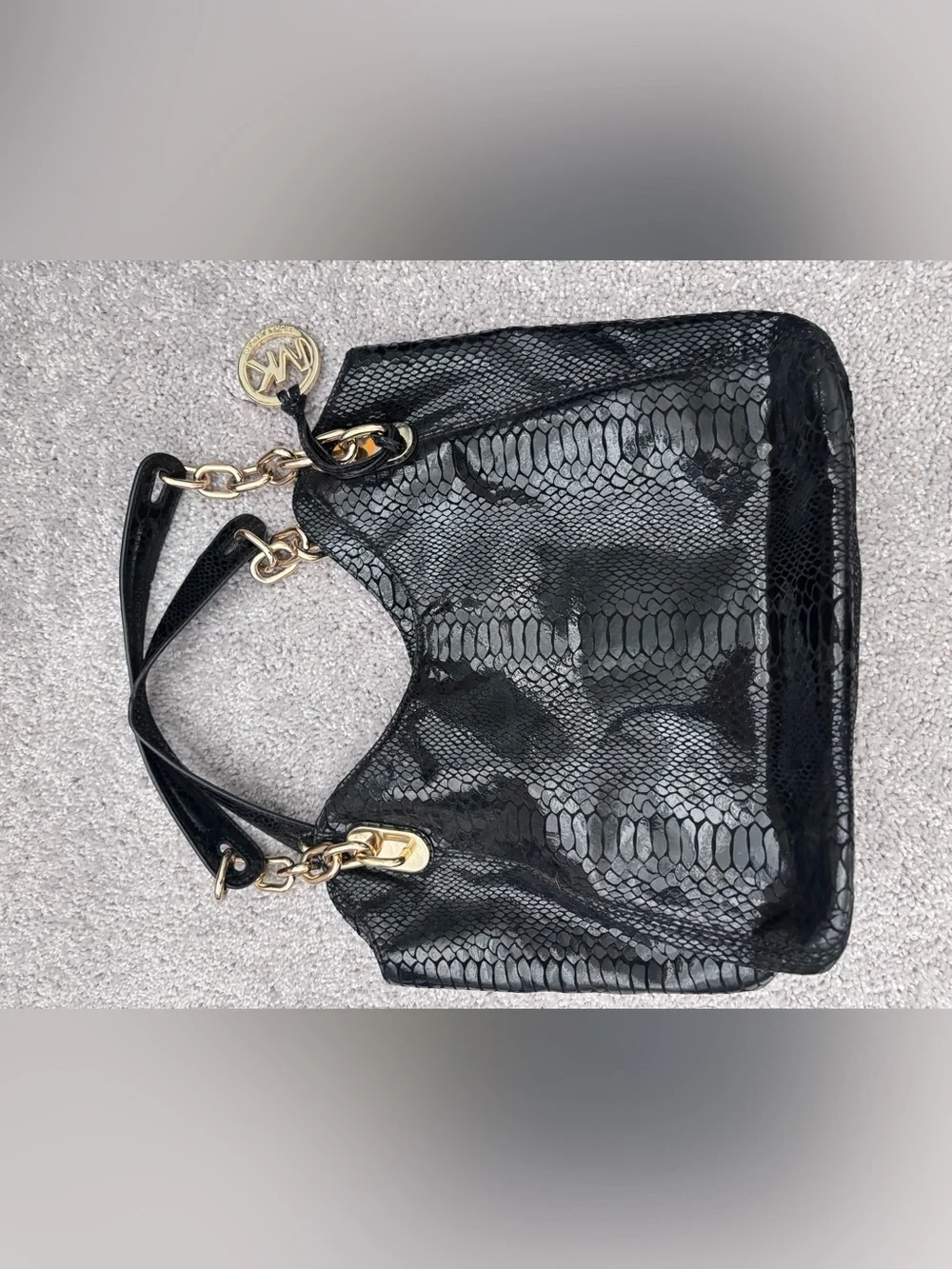 Michael Kors Black Snake-Embossed Shoulder Bag with Gold Hardware
